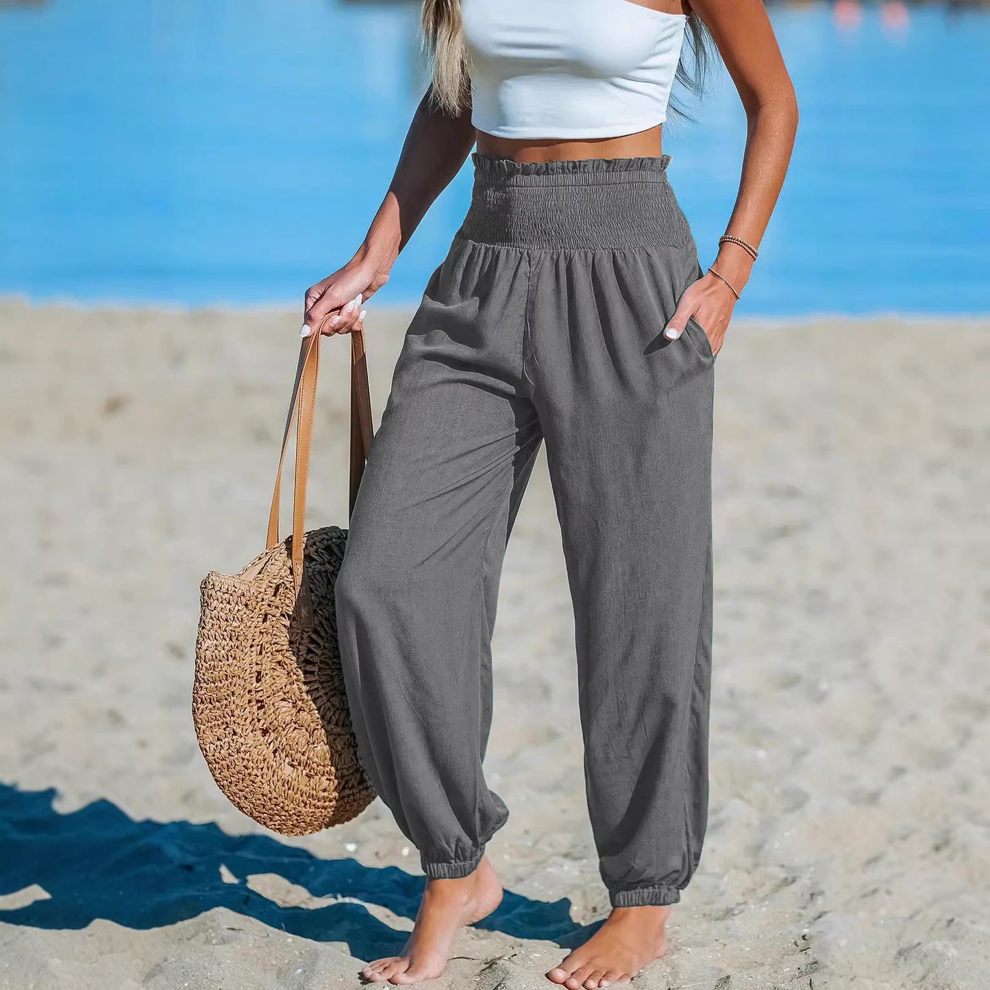 Women’s Ankle-Tie Pants – High Waist Beach Casual Fit
