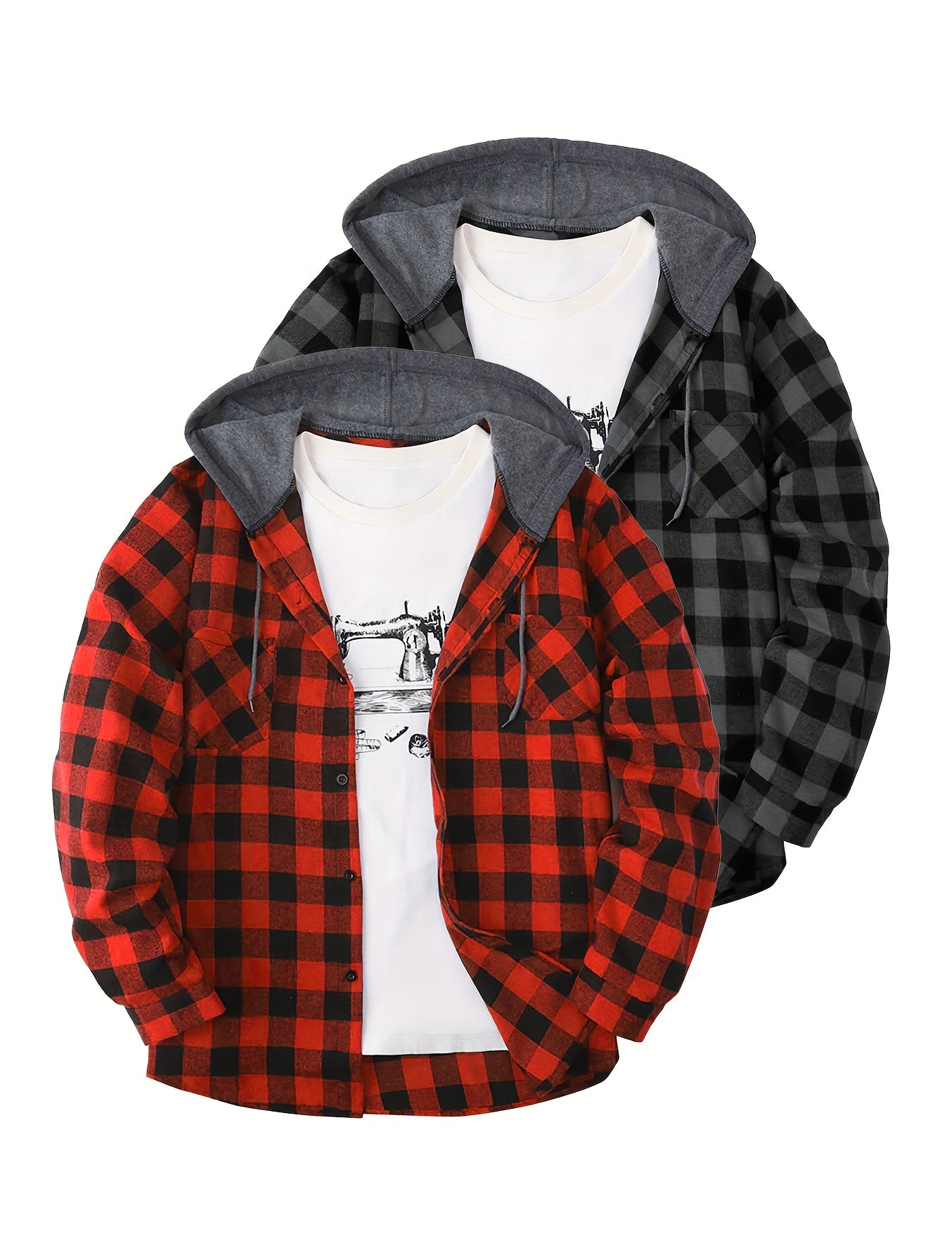 2-Piece Men’s Plaid Hooded Shirts – Button-Up Sweater Jacket Set