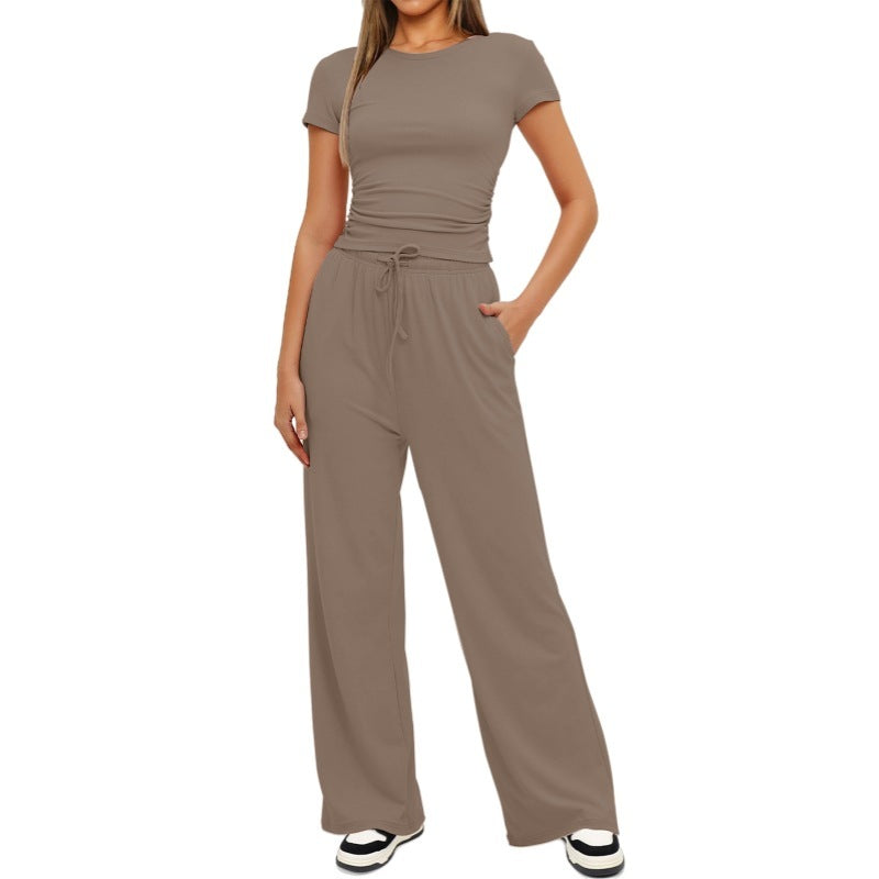 Loom & Soul™ 2-Piece Solid Color Yoga Set – Women’s Short-Sleeve Top & High-Waist Wide-Leg Pants
