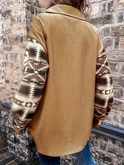 Women’s Geometric Fleece Jacket – Warm Color Block Winter Coat