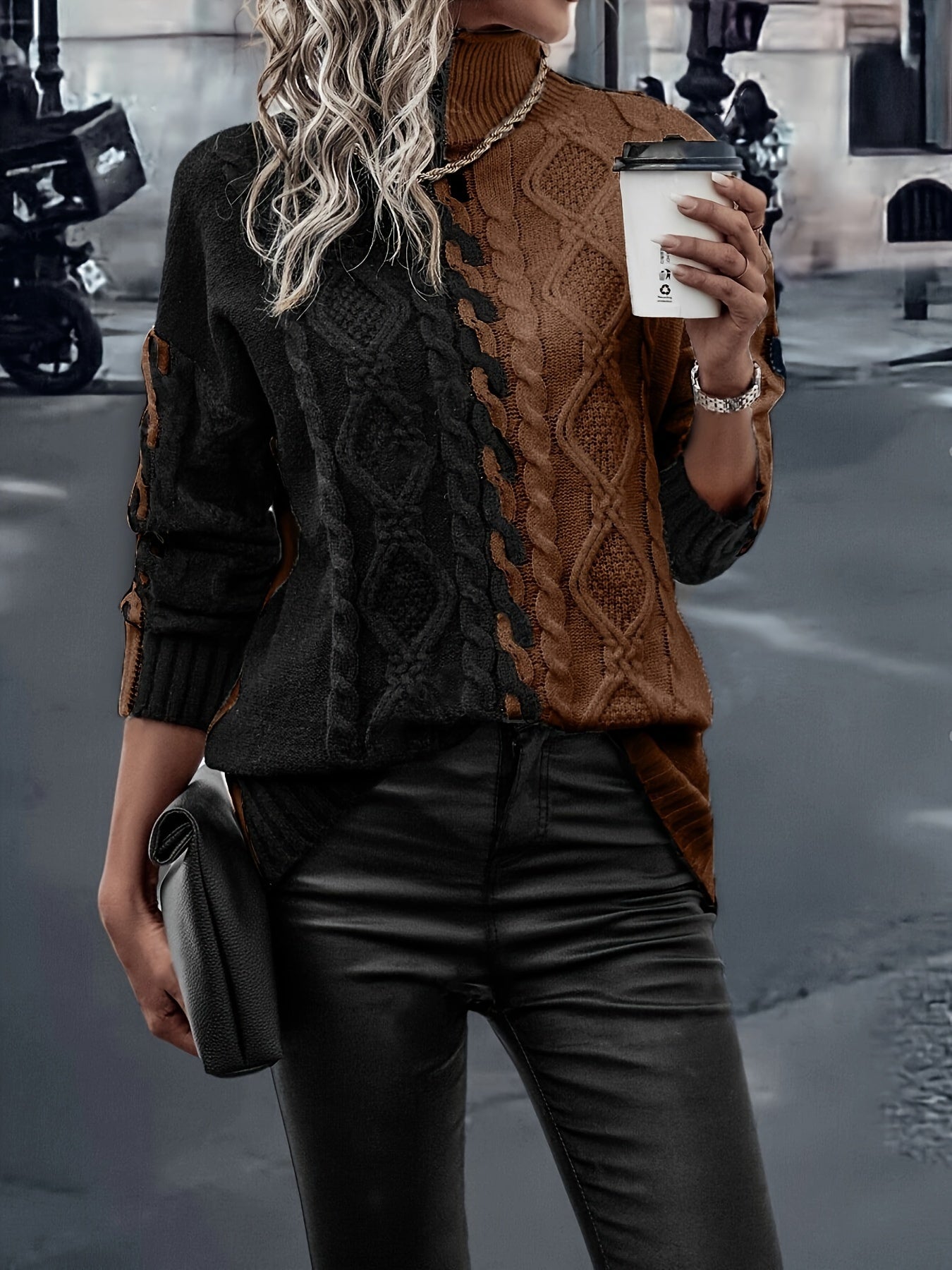 Elegant High-Neck Striped Blouse – Color-Block Knit Long Sleeve Top