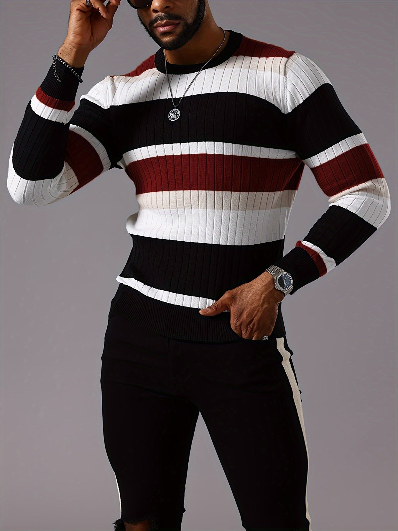 Men’s Striped Ribbed Knit Sweater – Color-Block Fall Winter Pullover