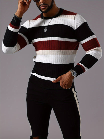 Men’s Striped Ribbed Knit Sweater – Color-Block Fall Winter Pullover