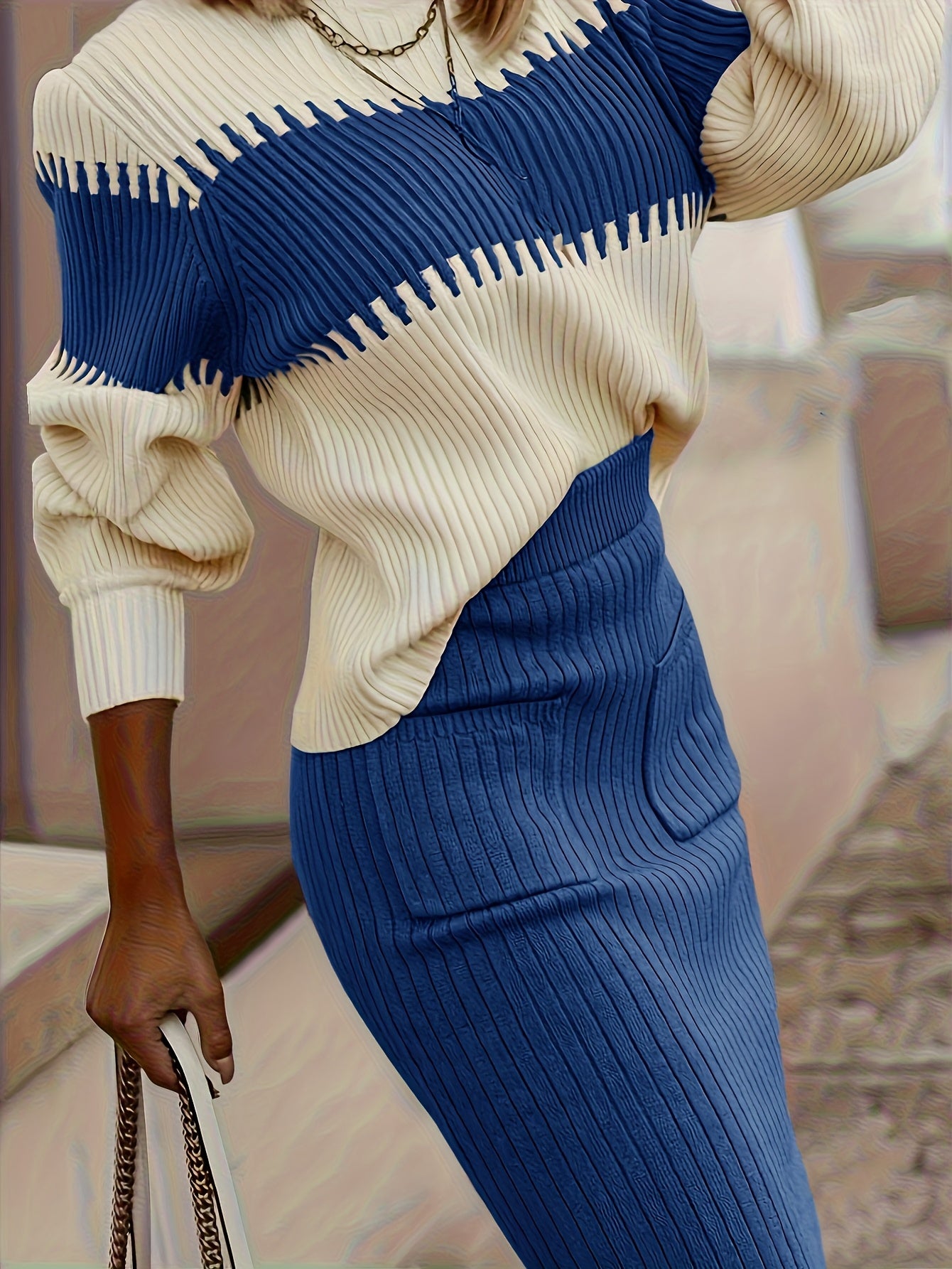 High Neck Color-Block Sweater & Skirt Set – Elegant Winter Two-Piece