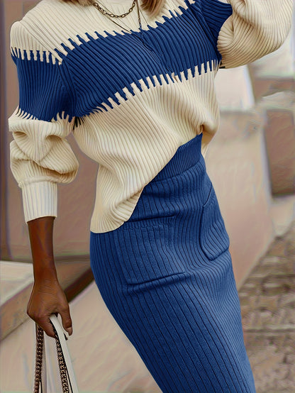 High Neck Color-Block Sweater & Skirt Set – Elegant Winter Two-Piece