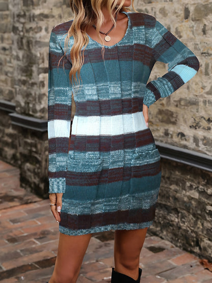 Women’s Color Block Sweater Dress – V-Neck Loose Knit Fall Outfit