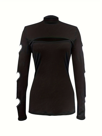 Women’s High Neck Blouse – Elegant Heart Cutout Long Sleeve Top