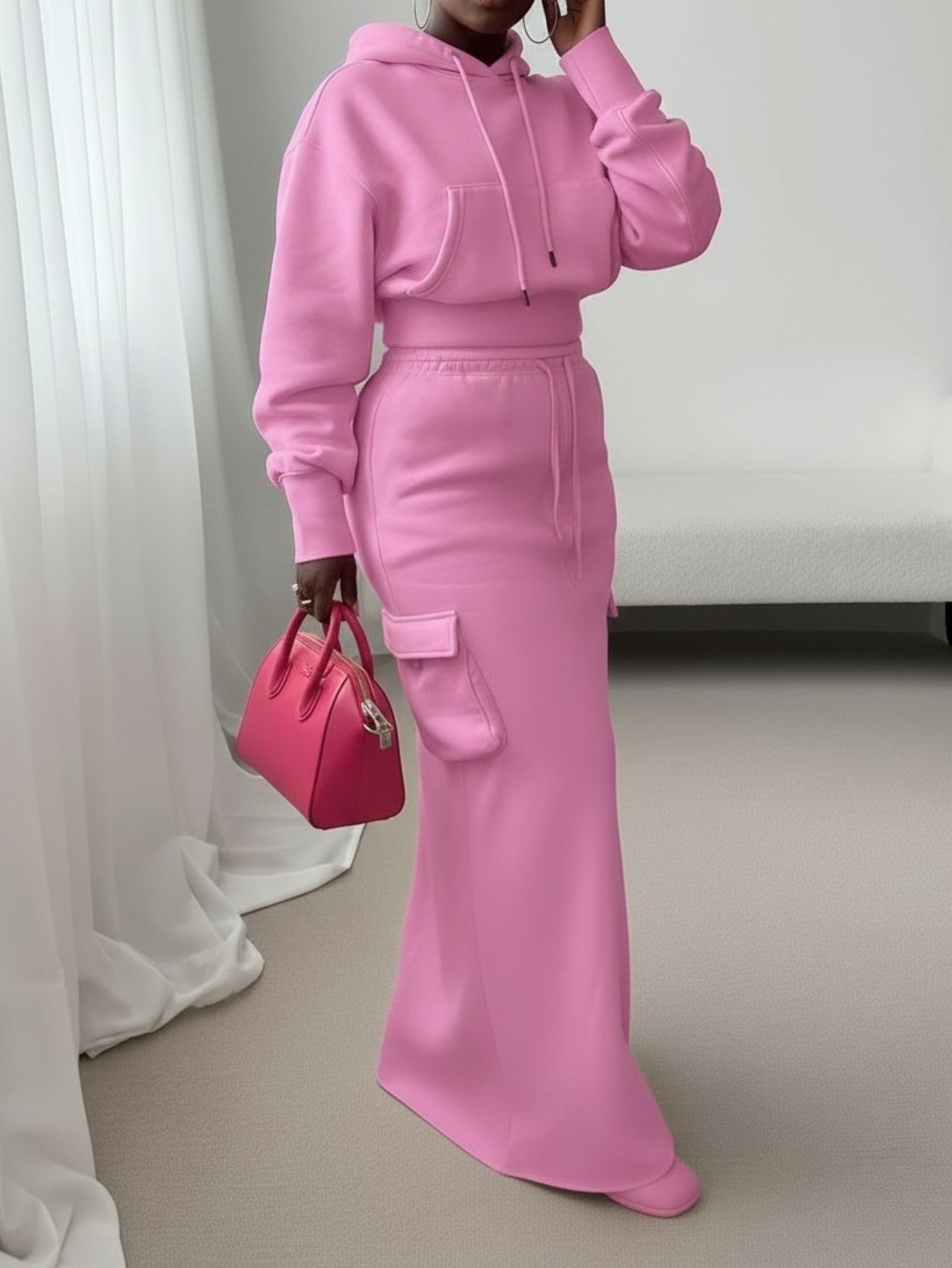 Conjunto de vestido con capucha de 2 piezas – Estilo urbano utilitario largo