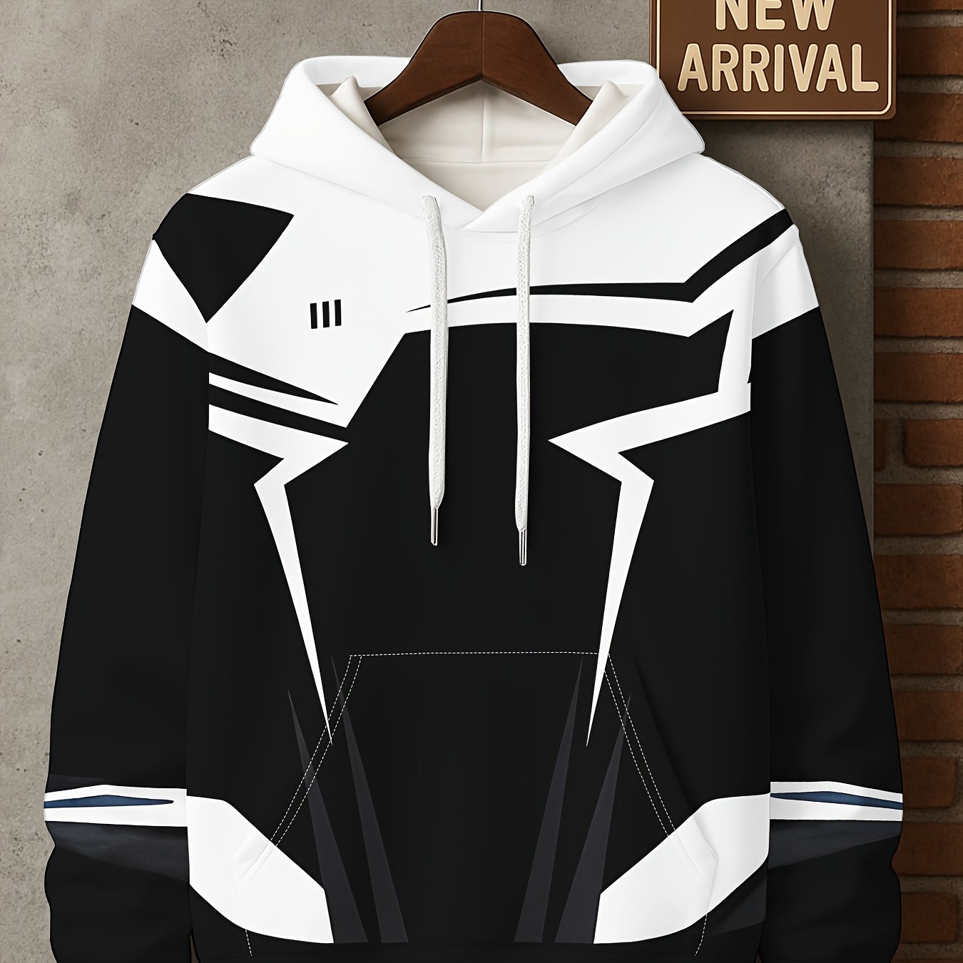 Men’s 3D D-Print Hoodie – Black & White Color-Block Street Pullover
