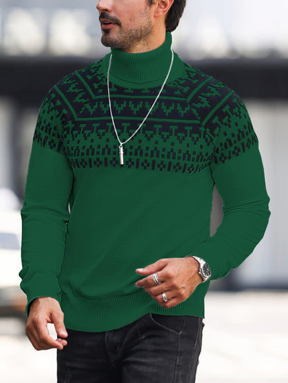 Suéter de cuello alto geométrico para hombre - Suéter informal de punto para otoño e invierno