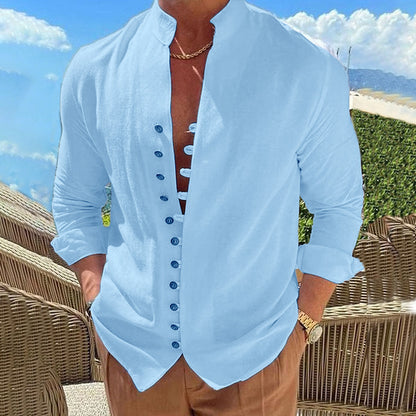 Chemise homme col mao en coton et lin – Cardigan décontracté coupe ample