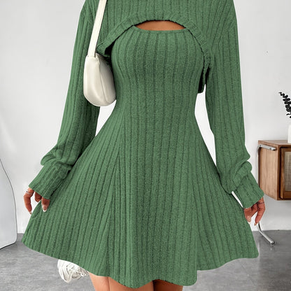 Women’s Ribbed Two-Piece Dress Set – Hooded Short Top & Bodycon Dress