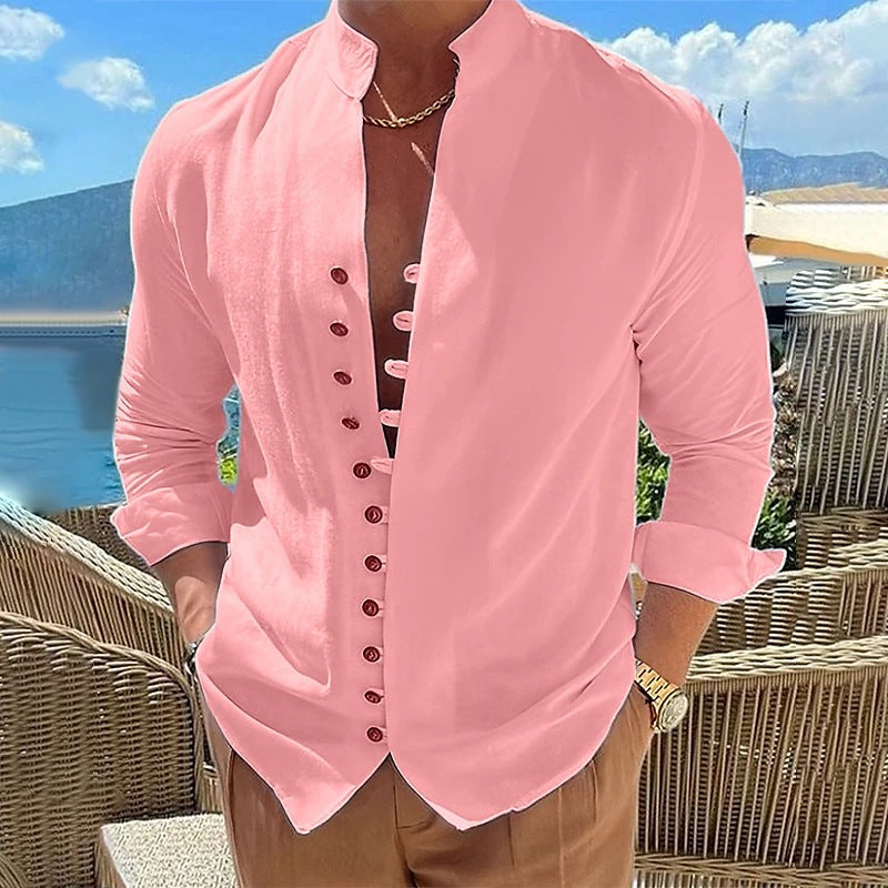 Chemise homme col mao en coton et lin – Cardigan décontracté coupe ample