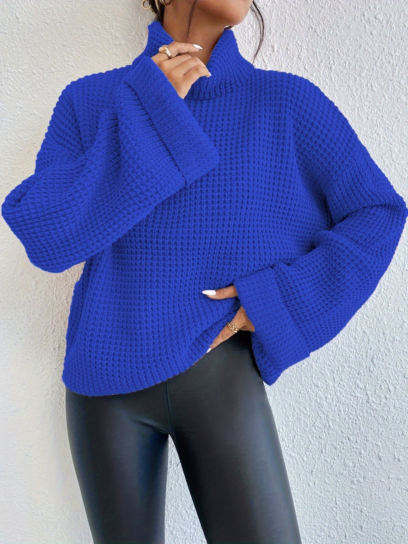 Women’s High-Neck Drop Shoulder Waffle Sweater – Vibrant Blue Knit