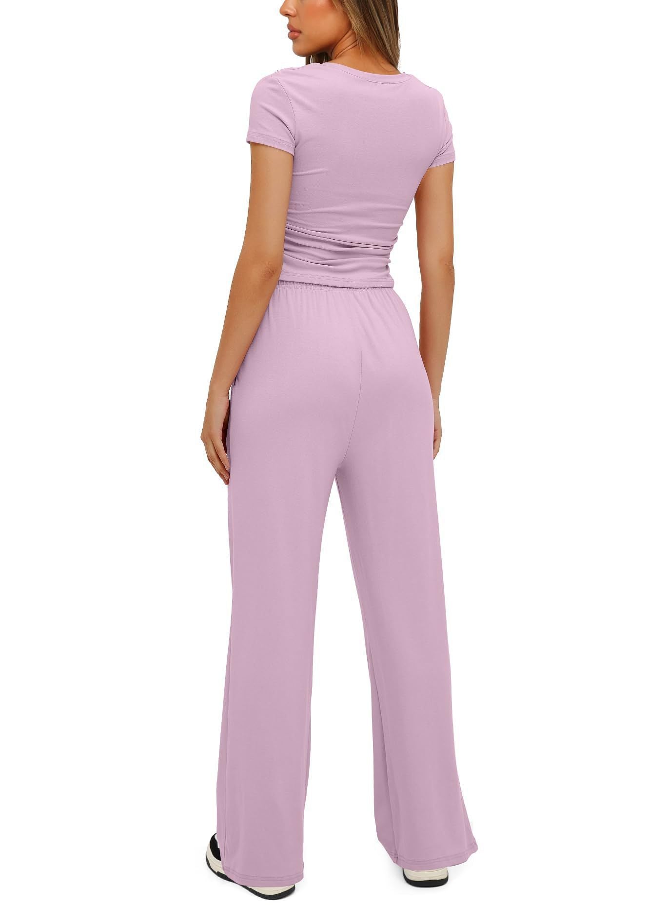 Loom & Soul™ 2-Piece Solid Color Yoga Set – Women’s Short-Sleeve Top & High-Waist Wide-Leg Pants