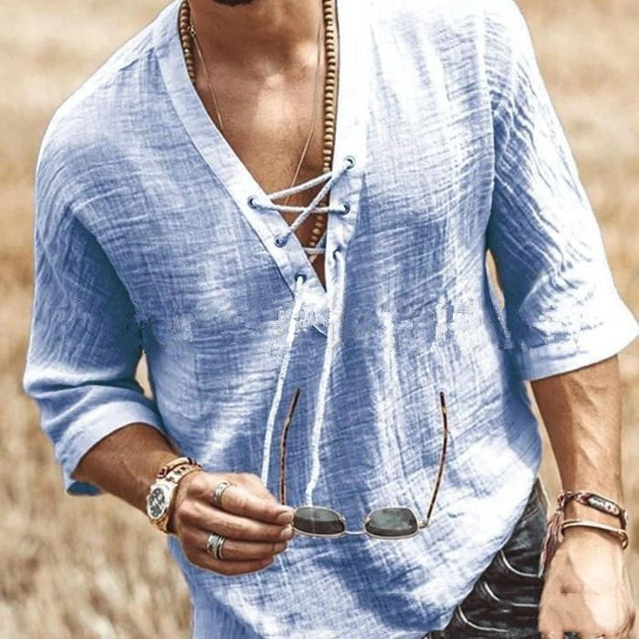 T-shirt ras du cou à lacets pour homme – Haut décontracté en coton à manches mi-longues