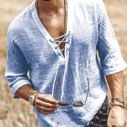 T-shirt ras du cou à lacets pour homme – Haut décontracté en coton à manches mi-longues