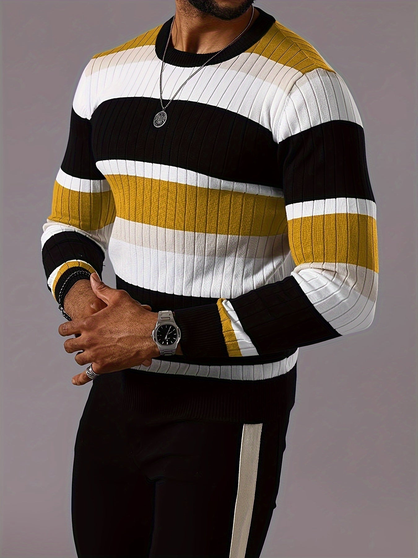 Men’s Striped Ribbed Knit Sweater – Color-Block Fall Winter Pullover