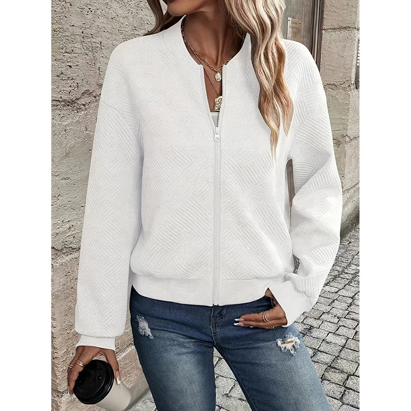 Loom & Soul Women’s Textured Bomber Jacket – Stand Collar Zip-Up Fall Fashion Coat | Chic Lightweight Casual Outerwear