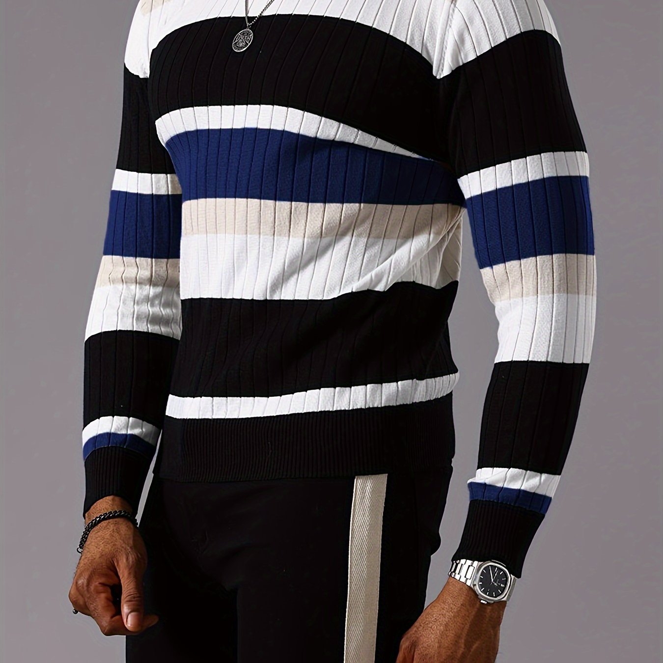 Men’s Striped Ribbed Knit Sweater – Color-Block Fall Winter Pullover