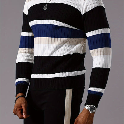 Men’s Striped Ribbed Knit Sweater – Color-Block Fall Winter Pullover